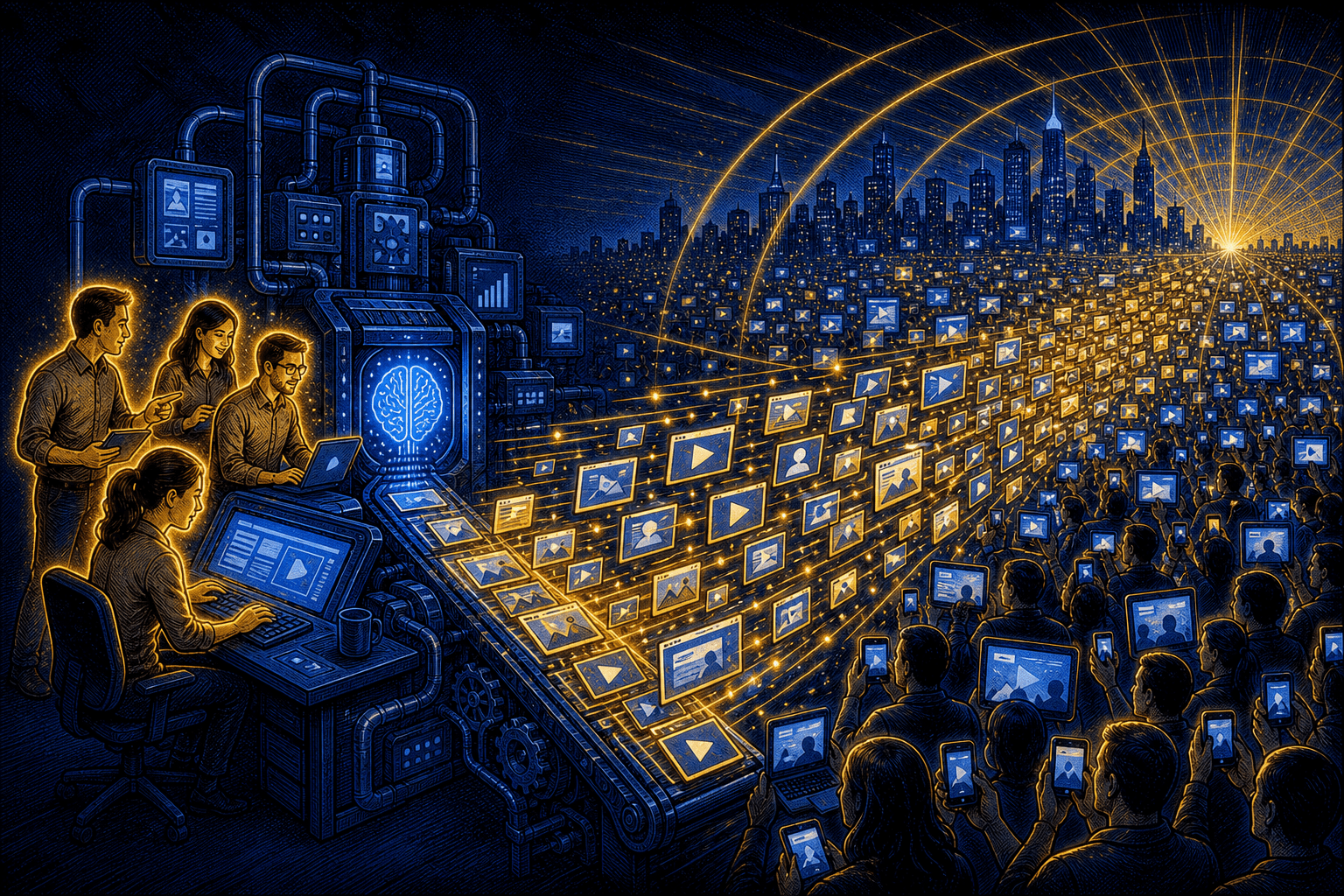 Inked comic in royal blue. On the left, a small lean team of three or four people, each glowing warm gold, works at a glowing blue AI content engine that pours out a stream of content: video clips, posts, thumbnails, articles. On the right, that stream fans out and explodes into an enormous audience, a vast field of glowing screens and viewers spreading across a blue city skyline with golden signal waves radiating outward. A tiny team in, a massive reach out.